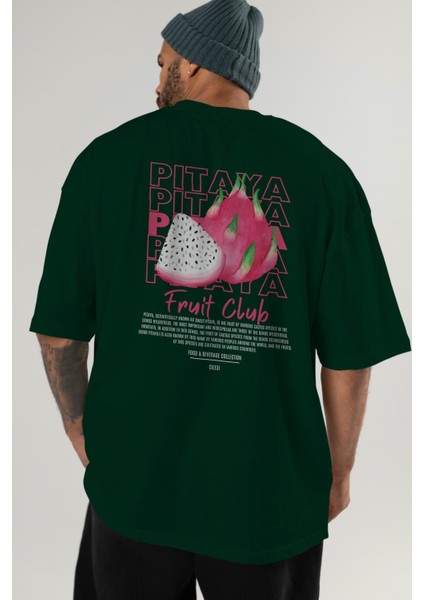 Pitaya Arka Baskılı Yeşil Oversize T-Shirt Erkek Kadın Pamuk Bisiklet Yaka Tişort