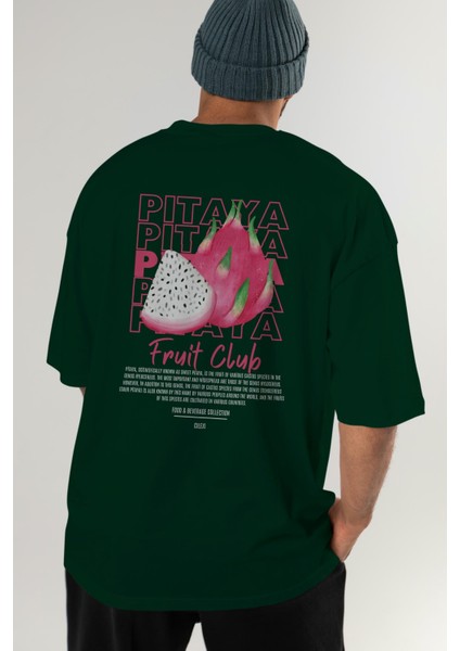 Pitaya Arka Baskılı Yeşil Oversize T-Shirt Erkek Kadın Pamuk Bisiklet Yaka Tişort