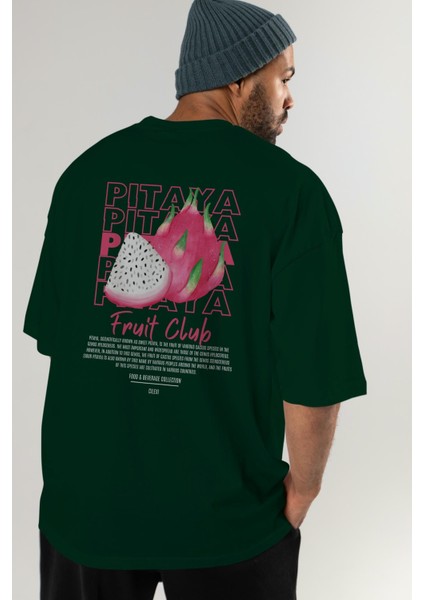 Pitaya Arka Baskılı Yeşil Oversize T-Shirt Erkek Kadın Pamuk Bisiklet Yaka Tişort