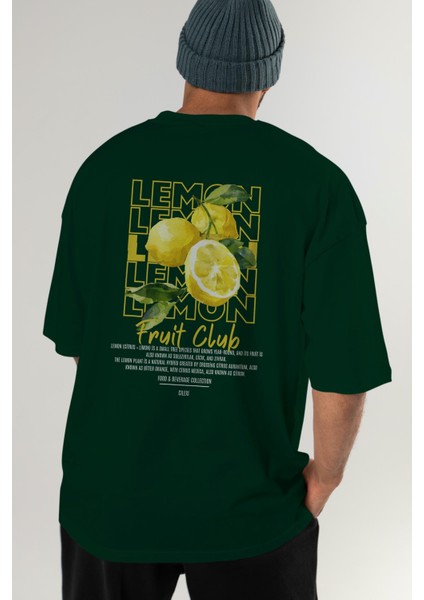 Lemon Arka Baskılı Yeşil Oversize T-Shirt Erkek Kadın Pamuk Bisiklet Yaka Tişort