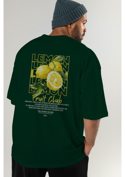 Lemon Arka Baskılı Yeşil Oversize T-Shirt Erkek Kadın Pamuk Bisiklet Yaka Tişort