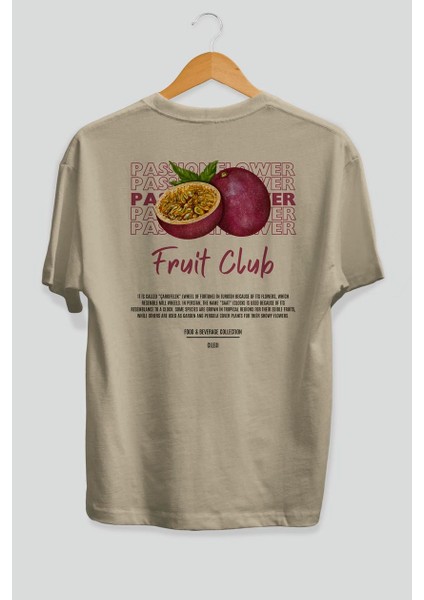 Passionflower Arka Baskılı Bej Oversize T-Shirt Erkek Kadın Pamuk Bisiklet Yaka Tişort