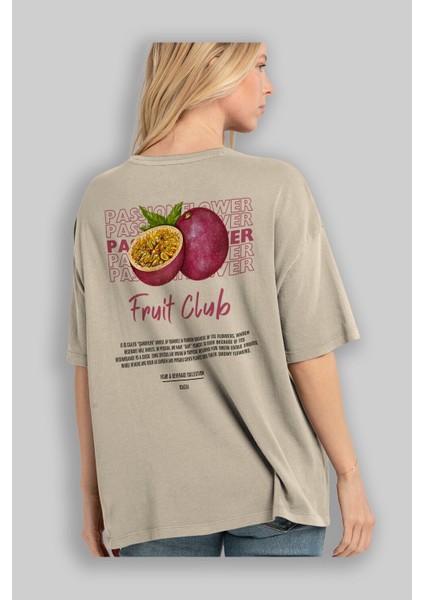 Passionflower Arka Baskılı Bej Oversize T-Shirt Erkek Kadın Pamuk Bisiklet Yaka Tişort modelleri