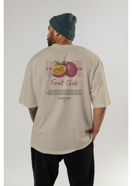 Passionflower Arka Baskılı Bej Oversize T-Shirt Erkek Kadın Pamuk Bisiklet Yaka Tişort fırsatları