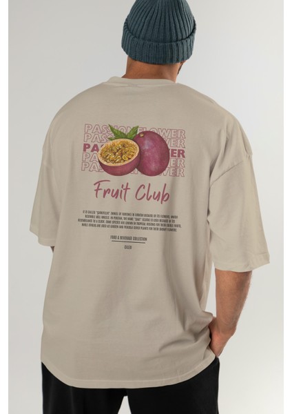 Passionflower Arka Baskılı Bej Oversize T-Shirt Erkek Kadın Pamuk Bisiklet Yaka Tişort