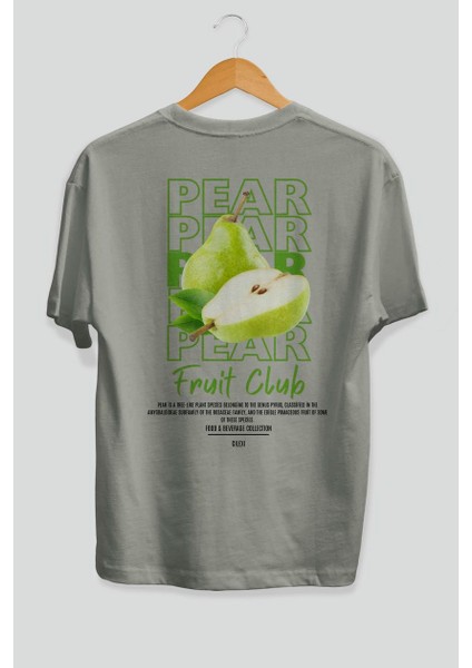 Pear Arka Baskılı Gri Oversize T-Shirt Erkek Kadın Pamuk Bisiklet Yaka Tişort