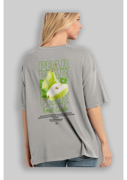 Pear Arka Baskılı Gri Oversize T-Shirt Erkek Kadın Pamuk Bisiklet Yaka Tişort modelleri