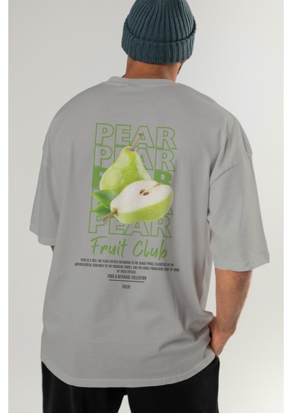Pear Arka Baskılı Gri Oversize T-Shirt Erkek Kadın Pamuk Bisiklet Yaka Tişort