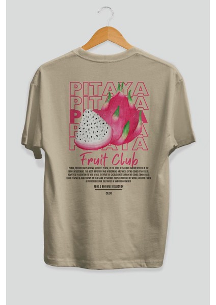 Pitaya Arka Baskılı Bej Oversize T-Shirt Erkek Kadın Pamuk Bisiklet Yaka Tişort