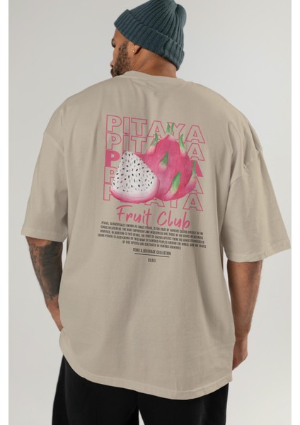 Pitaya Arka Baskılı Bej Oversize T-Shirt Erkek Kadın Pamuk Bisiklet Yaka Tişort indirimleri