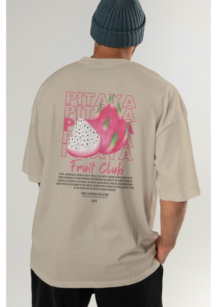 Pitaya Arka Baskılı Bej Oversize T-Shirt Erkek Kadın Pamuk Bisiklet Yaka Tişort