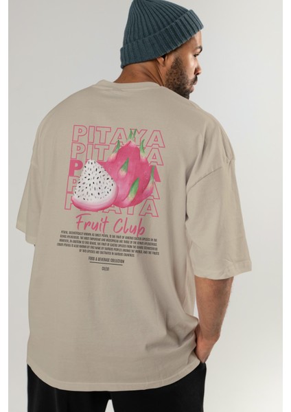 Pitaya Arka Baskılı Bej Oversize T-Shirt Erkek Kadın Pamuk Bisiklet Yaka Tişort