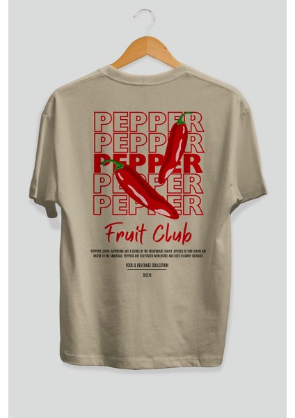 Pepper Arka Baskılı Bej Oversize T-Shirt Erkek Kadın Pamuk Bisiklet Yaka Tişort
