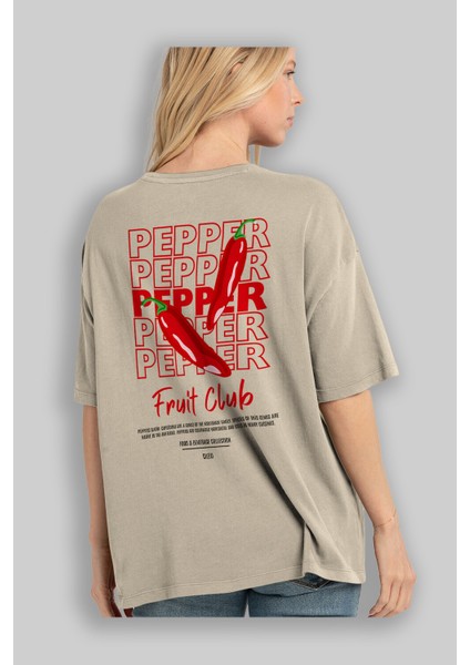 Pepper Arka Baskılı Bej Oversize T-Shirt Erkek Kadın Pamuk Bisiklet Yaka Tişort modelleri