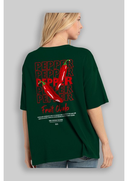 Pepper Arka Baskılı Yeşil Oversize T-Shirt Erkek Kadın Pamuk Bisiklet Yaka Tişort fırsatları