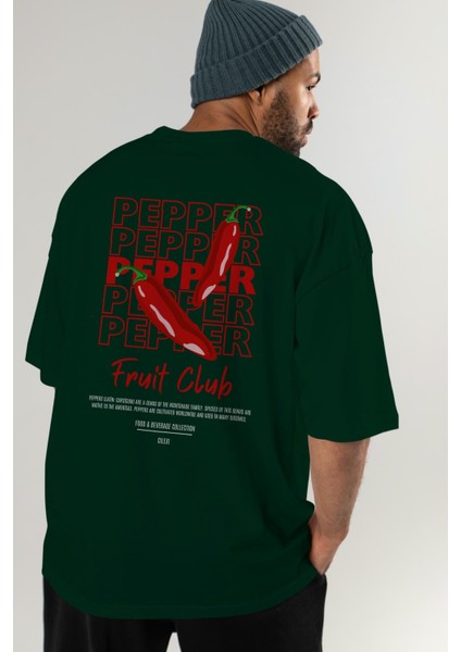 Pepper Arka Baskılı Yeşil Oversize T-Shirt Erkek Kadın Pamuk Bisiklet Yaka Tişort