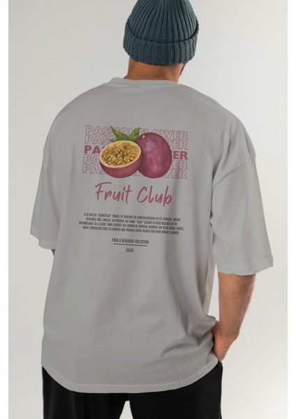 Passionflower Arka Baskılı Gri Oversize T-Shirt Erkek Kadın Pamuk Bisiklet Yaka Tişort