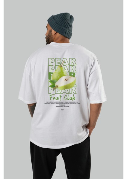 Pear Arka Baskılı Beyaz Oversize T-Shirt Erkek Kadın Pamuk Bisiklet Yaka Tişort fırsatları