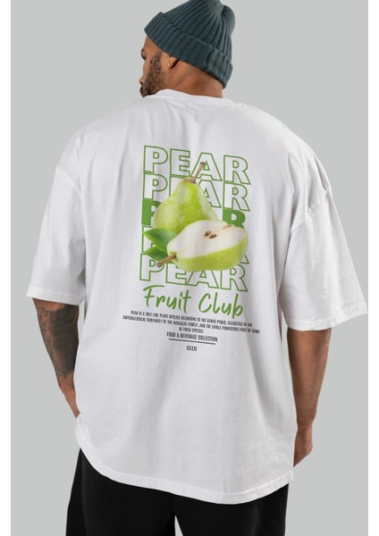 Pear Arka Baskılı Beyaz Oversize T-Shirt Erkek Kadın Pamuk Bisiklet Yaka Tişort indirimleri