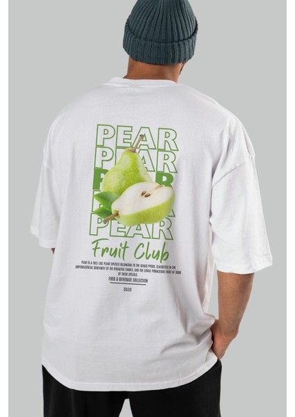 Pear Arka Baskılı Beyaz Oversize T-Shirt Erkek Kadın Pamuk Bisiklet Yaka Tişort