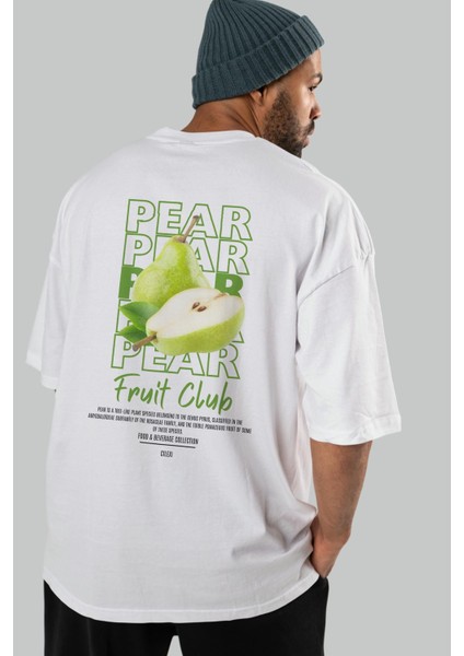 Pear Arka Baskılı Beyaz Oversize T-Shirt Erkek Kadın Pamuk Bisiklet Yaka Tişort