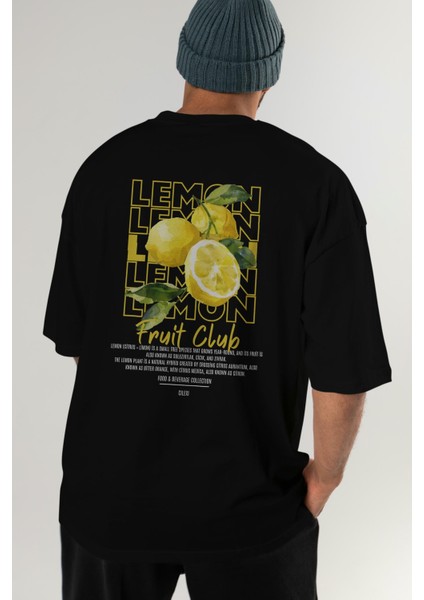 Lemon Arka Baskılı Siyah Oversize T-Shirt Erkek Kadın Pamuk Bisiklet Yaka Tişort