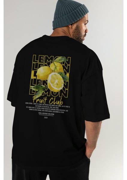 Lemon Arka Baskılı Siyah Oversize T-Shirt Erkek Kadın Pamuk Bisiklet Yaka Tişort
