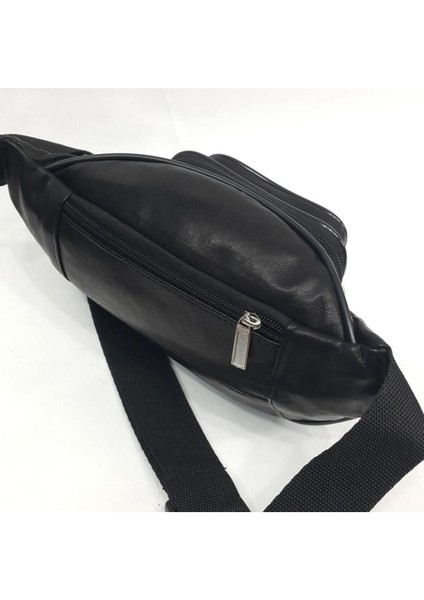 Şık Üç Bölmeli Siyah Deri Bel Çantası, Modern ve Kullanışlı Tasarım