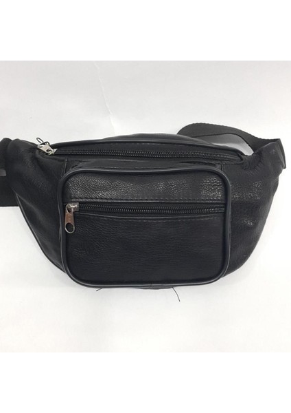 Şık Üç Bölmeli Siyah Deri Bel Çantası, Modern ve Kullanışlı Tasarım