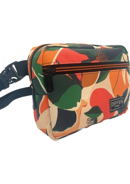 Turuncu Soyut Yaprak Desenli Su Geçirmez Unisex Bel ve Omuz Çantası