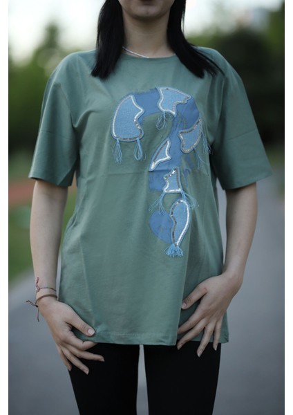 Soru Işareti Kot Baskılı Rahat Kalıp T-Shirt