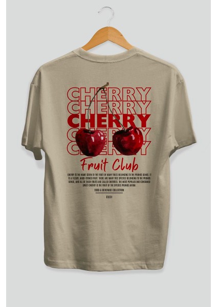 Cherry Arka Baskılı Bej Oversize T-Shirt Erkek Kadın Pamuk Bisiklet Yaka Tişort