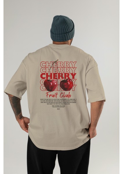 Cherry Arka Baskılı Bej Oversize T-Shirt Erkek Kadın Pamuk Bisiklet Yaka Tişort fiyatları