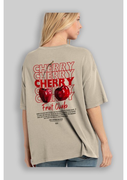 Cherry Arka Baskılı Bej Oversize T-Shirt Erkek Kadın Pamuk Bisiklet Yaka Tişort modelleri