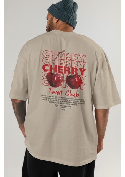 Cherry Arka Baskılı Bej Oversize T-Shirt Erkek Kadın Pamuk Bisiklet Yaka Tişort indirimleri
