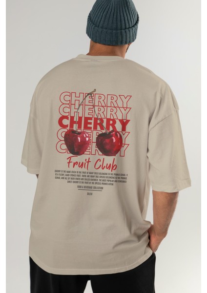 Cherry Arka Baskılı Bej Oversize T-Shirt Erkek Kadın Pamuk Bisiklet Yaka Tişort