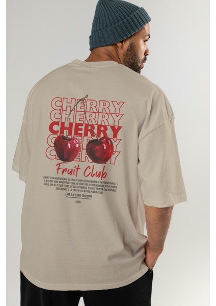 Cherry Arka Baskılı Bej Oversize T-Shirt Erkek Kadın Pamuk Bisiklet Yaka Tişort