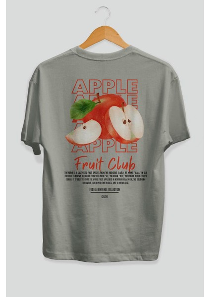 Apple Arka Baskılı Gri Oversize T-Shirt Erkek Kadın Pamuk Bisiklet Yaka Tişort