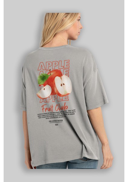 Apple Arka Baskılı Gri Oversize T-Shirt Erkek Kadın Pamuk Bisiklet Yaka Tişort modelleri