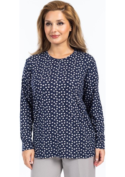 Kadın Yüksek Kalite Yuvarlak Yaka Çiçek Desenli Orta Yaş Anne Penye Bluz 6541