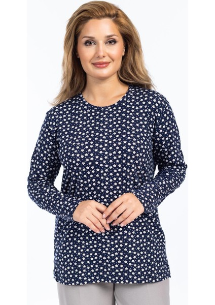Kadın Yüksek Kalite Yuvarlak Yaka Çiçek Desenli Orta Yaş Anne Penye Bluz 6541 fiyatları