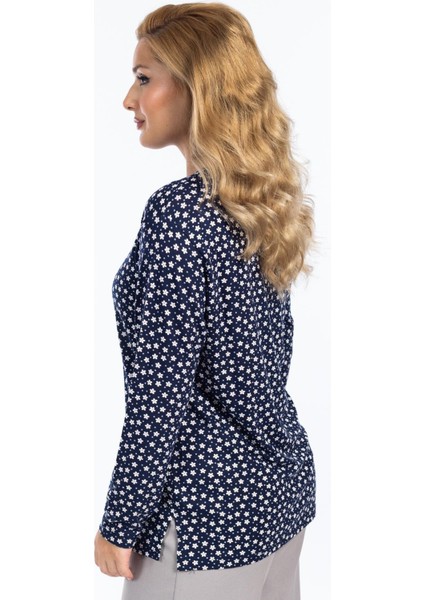 Kadın Yüksek Kalite Yuvarlak Yaka Çiçek Desenli Orta Yaş Anne Penye Bluz 6541 fırsatları