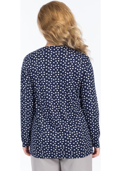 Kadın Yüksek Kalite Yuvarlak Yaka Çiçek Desenli Orta Yaş Anne Penye Bluz 6541 indirimleri