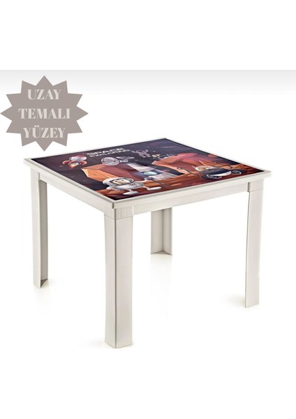 Uzay Temalı Beyaz Çocuk Çalışma Masası | 50X50X40 cm – Oyun, Aktivite ve Eğitim Masası