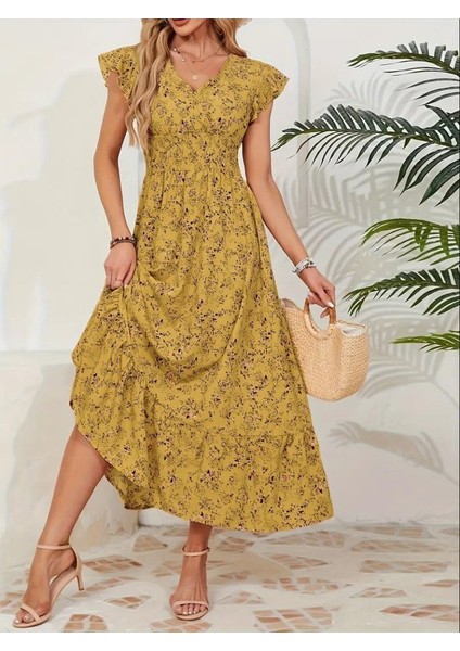 AYDOGANTICARET44 Kadın Kısa Kollu Kruvaze Yaka Beli Lastikli Çiçek Desenli Elbise