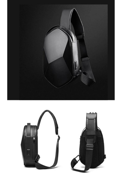 Şık Erkek Siyah Vegan Deri Çapraz Askılı Omuz ve Bel Çantası