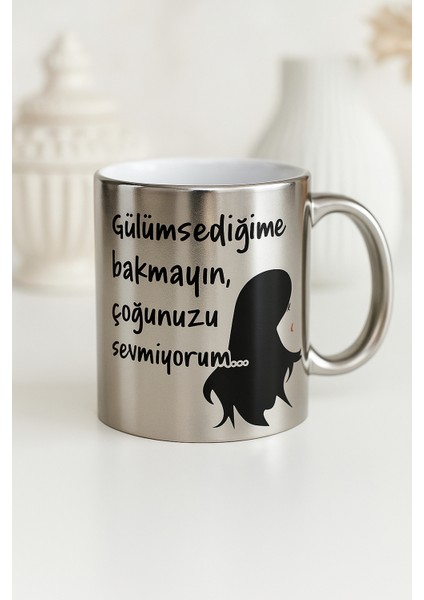 Yazı Baskılı Büyük Boy Gümüş Kahve & Çay Kupa Bardak