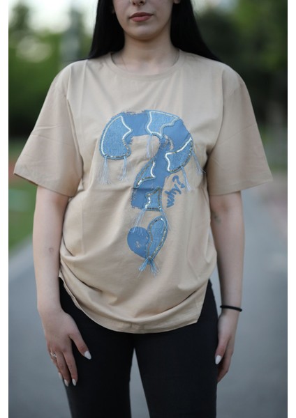 Soru Işareti Kot Baskılı Rahat Kalıp T-Shirt