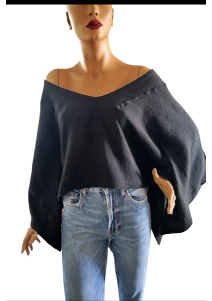 %100 Pamuk Ön V Kayık Yaka Salaş Bluz