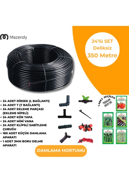 16 mm 350 Metre Deliksiz Damlama Sulama Hortumu Seti 24’li Set